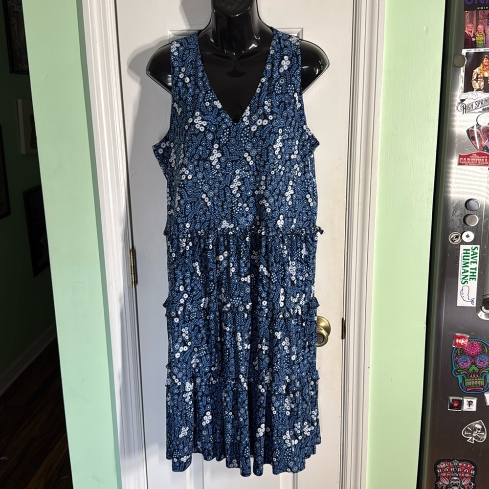 Tommy Hilfiger Blue Floral Tiered V Neck Sleeveless Dress Spring Style Size 10